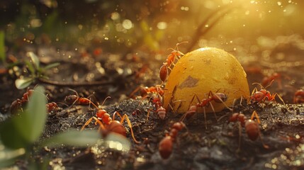 Poster - Ants swarming around a piece of fruit on the ground