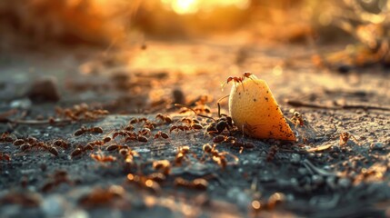 Poster - Ants swarming around a piece of fruit on the ground