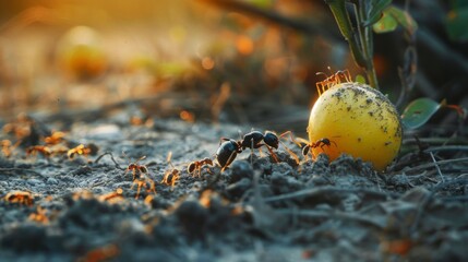 Poster - Ants swarming around a piece of fruit on the ground