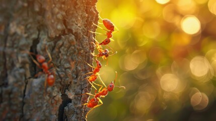 Poster - Ants working together to move a piece of food up a tree trunk