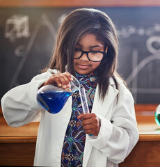 girl, classroom and science beaker for learning, education and test with smart or intelligent child.