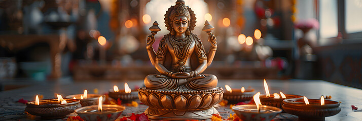 A festive home puja setup with a statue of Goddess Lakshmi and lit diyas