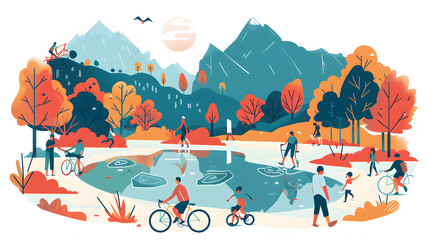 Sticker - a small lake and people walking and cycling and people playing football