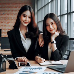 Two women sitting in a modern office space to work at a table attractive card design realistic attractive harmony.