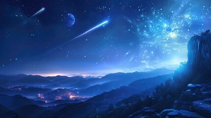 Wall Mural - Beautiful Meteor shower in the dark sky at night background, Shiny of shooting star from space, landscape outside of the city, milky way scene