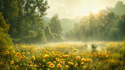Wall Mural - Misty Morning Meadow with Sun Rays Piercing Through, Fresh Spring Atmosphere, Peaceful Countryside