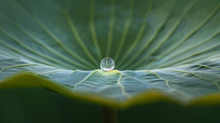 Poster - Close-up of a single water droplet sliding down the smooth surface of a lotus leaf