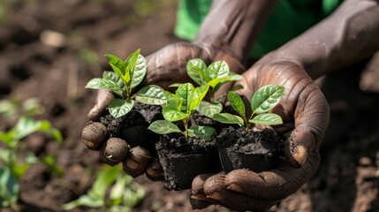 Poster - Close-up of hands holding young saplings ready to be planted for carbon offsetting