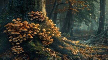 Poster - Close-up of mushrooms flourishing on the base of a tree, creating a magical woodland scene