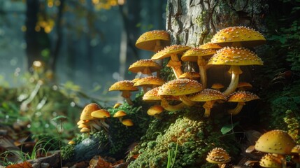 Poster - Close-up of mushrooms flourishing on the base of a tree, creating a magical woodland scene