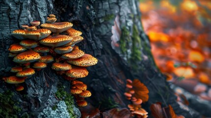 Poster - Close-up of mushrooms growing on the base of a tree, adding a touch of beauty to the forest