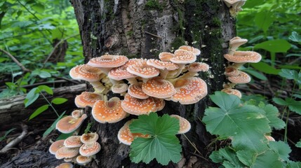 Poster - Close-up of mushrooms growing on the base of a tree, adding a touch of beauty to the forest