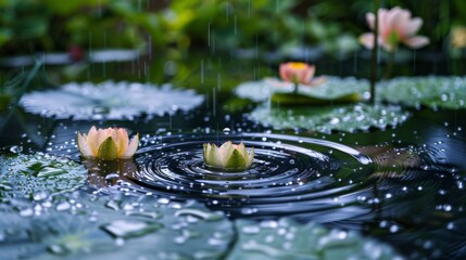Aufkleber - Close-up of raindrops creating ripples on the surface of a pond surrounded by lotus flowers