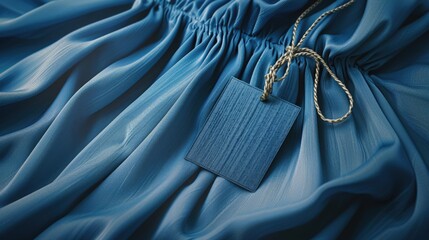 Sticker -  Blue Tag on the blue dress. Cloth label tag blank mockup