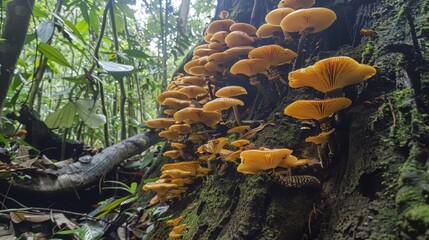 Poster - Close-up of wild mushrooms growing on the base of a tree trunk in a lush forest