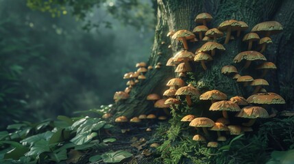 Poster - Close-up of wild mushrooms growing on the base of a tree trunk in a lush forest