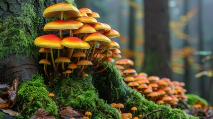 Fototapete - Cluster of colorful mushrooms sprouting from the base of a mossy tree in a woodland