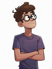 Wall Mural - A tan-skinned man with short brown hair and glasses wearing a purple t-shirt, standing against a white background. in the style of an animated cartoon in the style of Family Guy. Engaged in talking. T