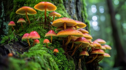 Fototapete - Cluster of colorful mushrooms sprouting from the base of a mossy tree in a woodland