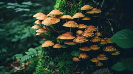 Poster - Cluster of wild mushrooms growing on the base of a tree trunk amidst lush greenery