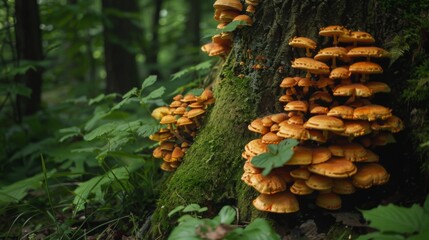 Poster - Cluster of wild mushrooms growing on the base of a tree trunk amidst lush greenery