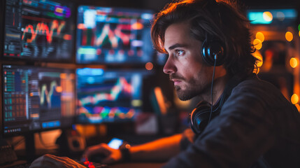 Poster - a man is surrounded by multiple screens displaying stock market graphs
