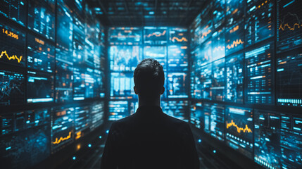 Poster - a man is surrounded by multiple screens displaying stock market graphs