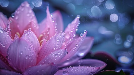 Poster - Dewdrops clinging to the edges of a blooming lotus flower in a peaceful garden setting