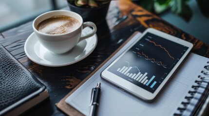 Fototapete - Digital tablet showing financial graphs, with a cup of coffee and notepad on the table