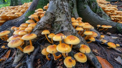 Poster - Enchanting display of mushrooms flourishing on the damp ground near a tree's roots