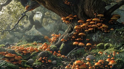 Poster - Enchanting scene of mushrooms growing abundantly around the base of an old tree