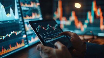 Poster - Financial advisor explaining stock market trends using a digital graph on a tablet