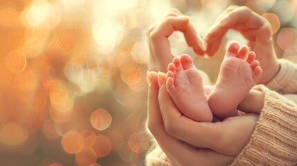 Feet of a newborn baby in the hands of parents. Happy Family concept. Mum and Dad hug their baby's legs. baby feet in mother hands. hearth shape