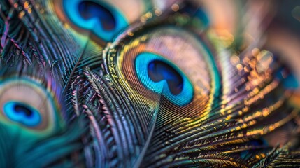 Close up of vibrant, iridescent peacock feathers creating a stunning and colorful background