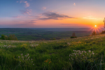 spring panorama at sunset in raw style