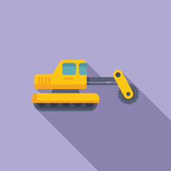 Poster - Flat design vector graphic of a yellow cartoon excavator with a digging arm and tracks