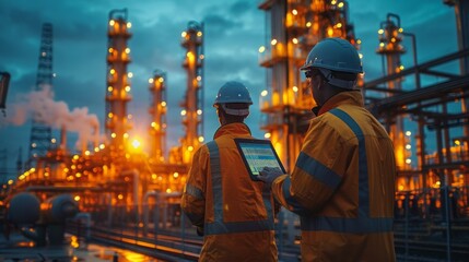 Picture of two electrical engineers using a notebook computer standing at a power station to view the planning work by producing electrical energy at high voltage electrodes