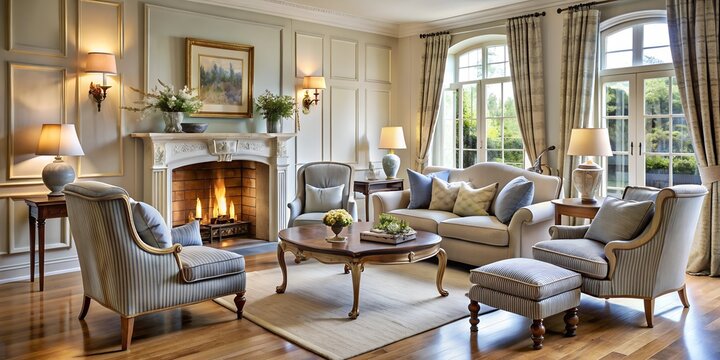 Armchairs and a sofa near the fireplace in calm light grey colours. French country interior design of a modern living room. The concept of a cosy, modern and respectable home.