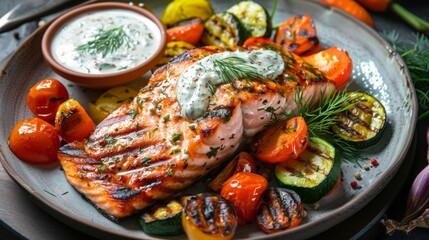 Wall Mural - Grilled salmon steak with dill sauce and a side of roasted vegetables