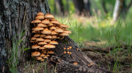 Poster - Group of mushrooms flourishing at the base of a tree trunk in a serene forest setting