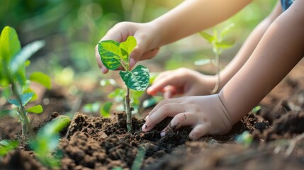 Poster - Hands of a child planting a tree as part of an educational initiative on climate change