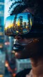 © atdigit - Futuristic Young Woman Wearing VR Glasses Viewing Urban Cityscape at Dusk