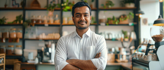 young indian man standing at restourant