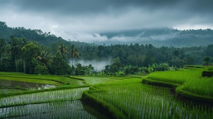 Poster - Idyllic landscape of rice paddies basking in the soft light of a cloudy day