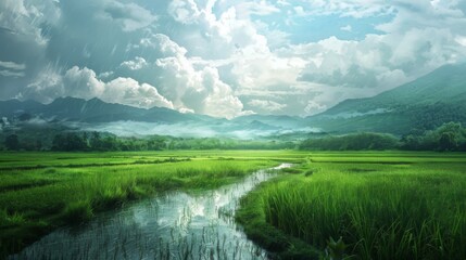 Poster - Idyllic landscape of rice paddies basking in the soft light of a cloudy day