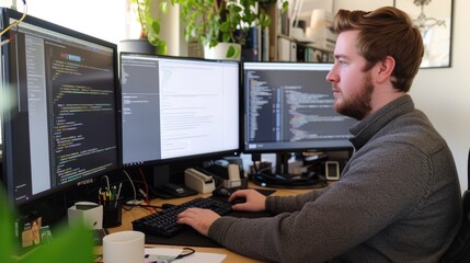 Fototapete - side view of professional software developer coding program or engineering prompt. skilled programme