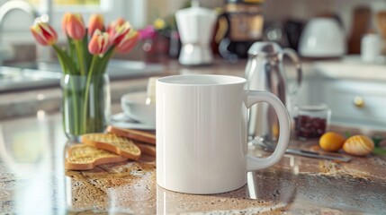 Morning Coffee Mug on Kitchen Counter with Flowers and Breakfast Items