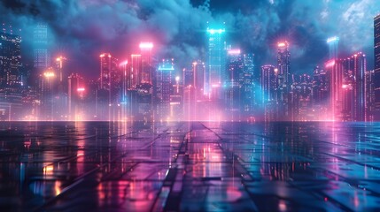 Canvas Print - Futuristic Neon Lit Cityscape with Glossy Surfaces for Tech Product Display