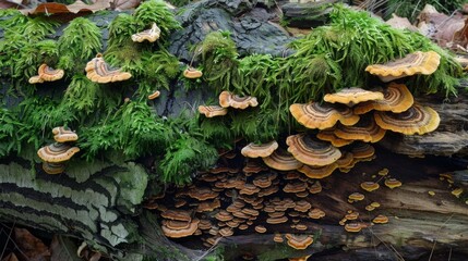 Poster - Lush green moss and mushrooms thriving on the moist bark of a fallen tree