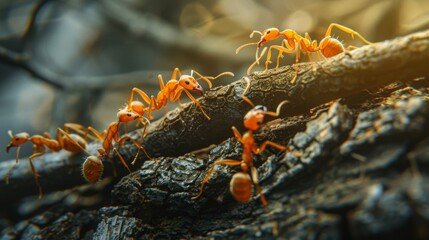 Poster - Macro shot of ants interacting on a tree branch
